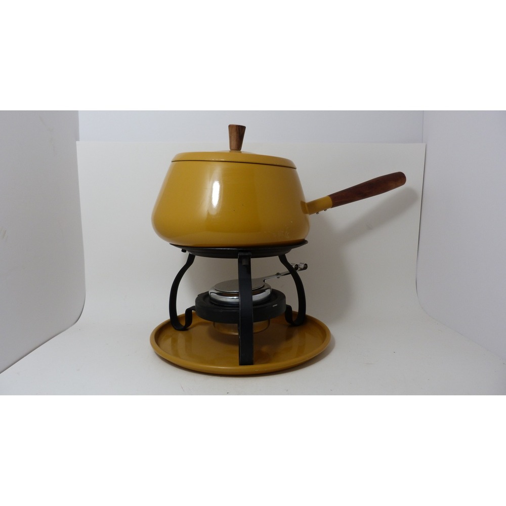 Vintage MCM Mustard Yellow Enamel Fondue Set Wood Handle Tripod Stand 1970s